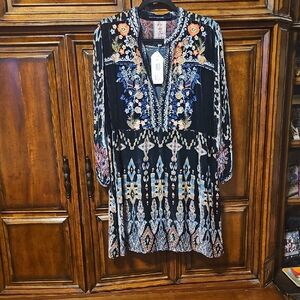 Johnny Was Navy Velvet Tunic  Dress with Blue/Orange/Pink Embroidery NWT -sz. LG